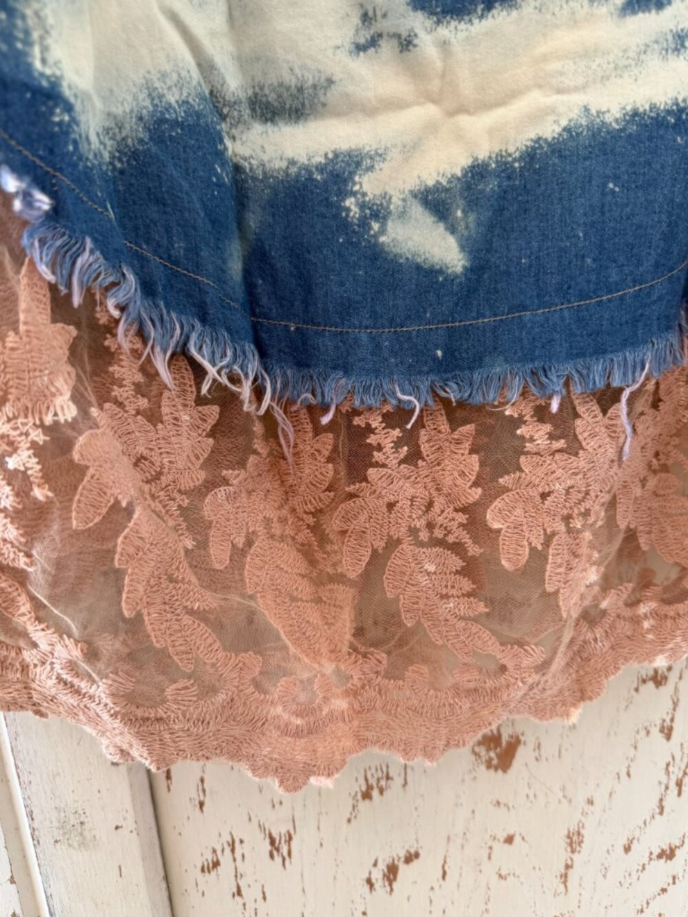 A RARE BIRD BLEACH OUT PATCH BACK RHINESTONE TRIM DENIM SHIRT - Picture 10 of 12